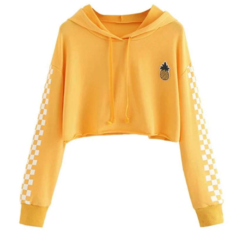 Yellow Женский укороченный топ, толстовка с вышивкой ананаса, клетчатая толстовка с капюшоном, пуловер - Цвет: Yellow