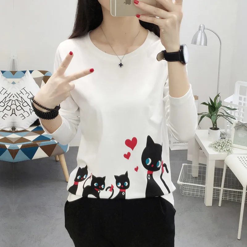 2017 новая осенняя женская футболка корейская мода Милая с длинным рукавом принтом