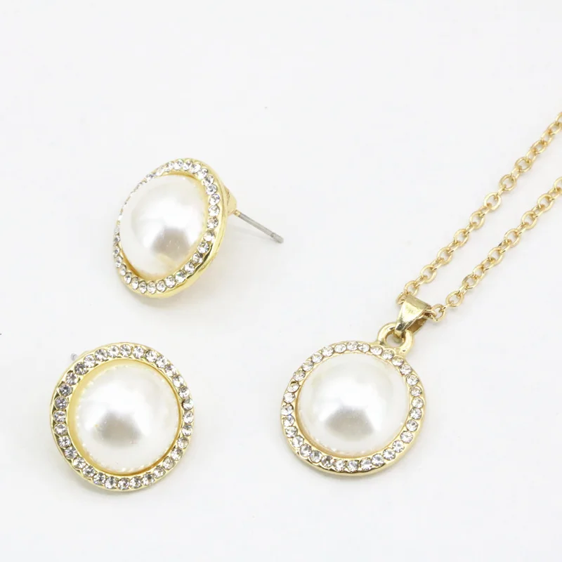 New Women's Round Simulated-Pearl Necklace Stud Earring Jewelry Set Silver-Color Gold Colors Chain Earrings 18inch B3407 | Украшения и