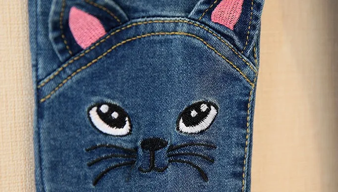 Spring and Autumn Girls' Jeans Korean Children's Wear Cartoon Cat Embroidery Pencil Pants Girls Feet Trousers | Детская одежда