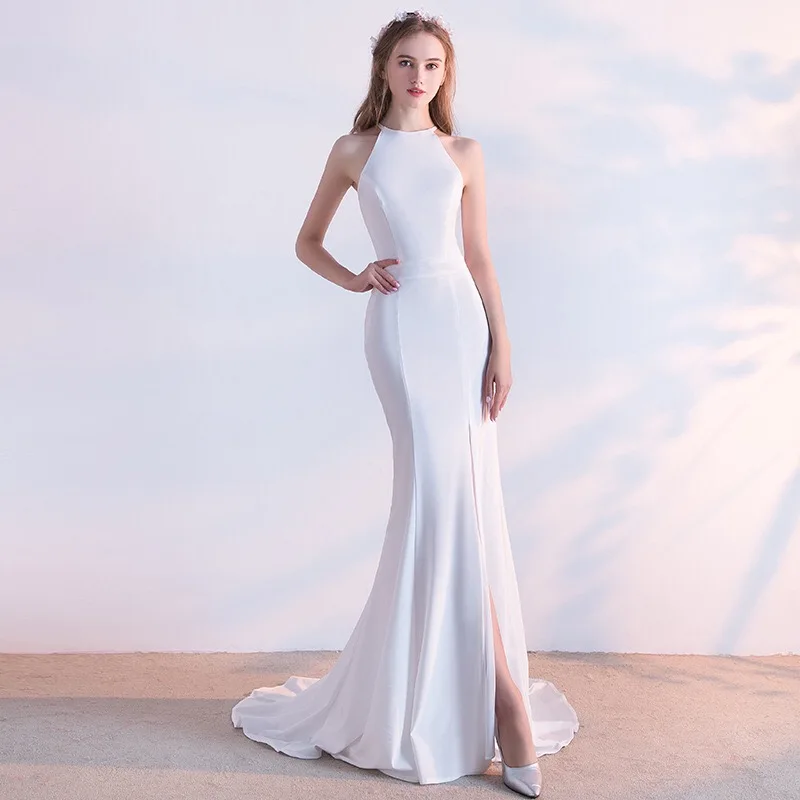 

D095 high split white elegant floor length mermaid dress