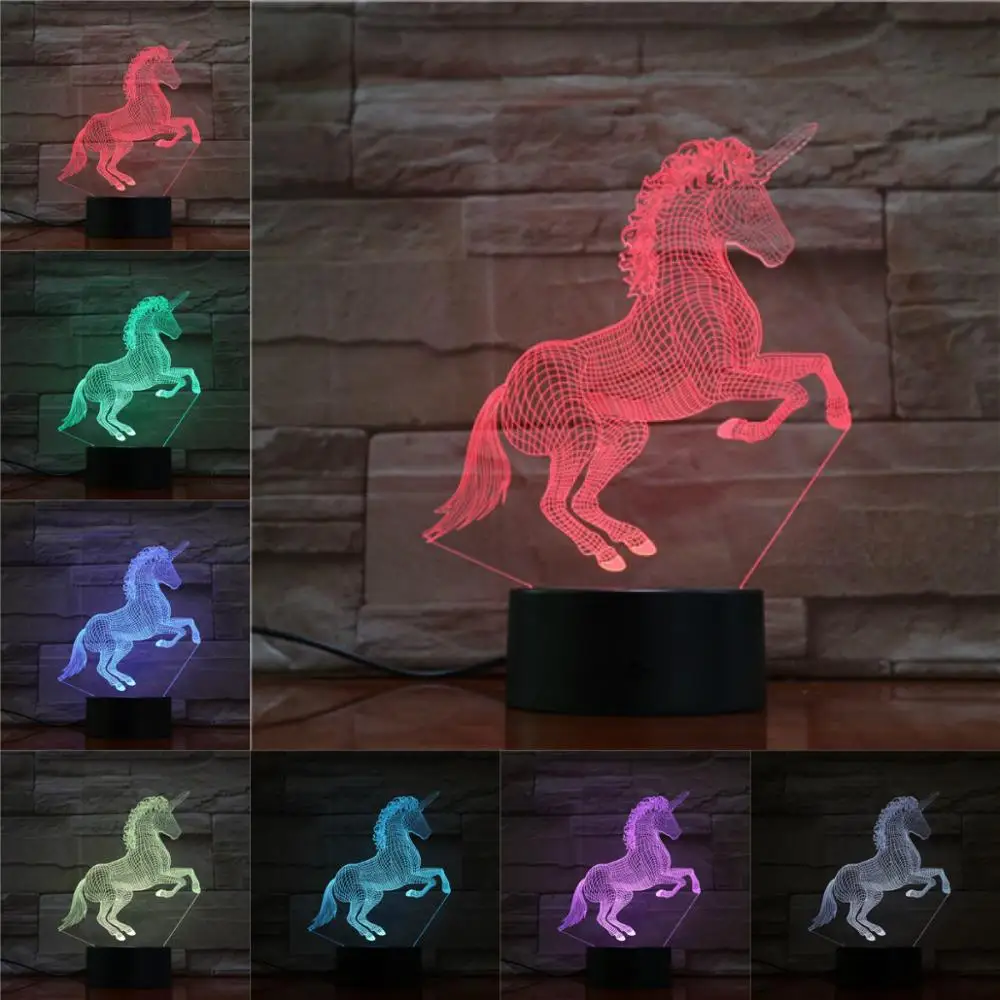 3d-лампа в виде животного лошади единорога иллюзия детский ночсветильник