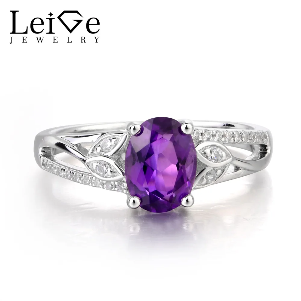 

Leige Jewelry Natural Amethyst Ring Wedding Ring February Birthstone Oval Cut Purple Gemstone 925 Sterling Silver Leaves Shape