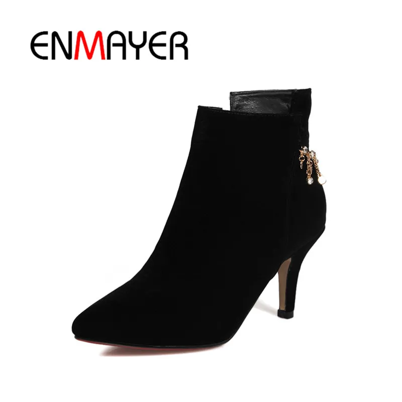 

ENMAYER Women High heels Ankle Boots Big Size 34-44 Pointed toe Thin heels lady boots Flock Winter Causal Shoes woman Zip CR949