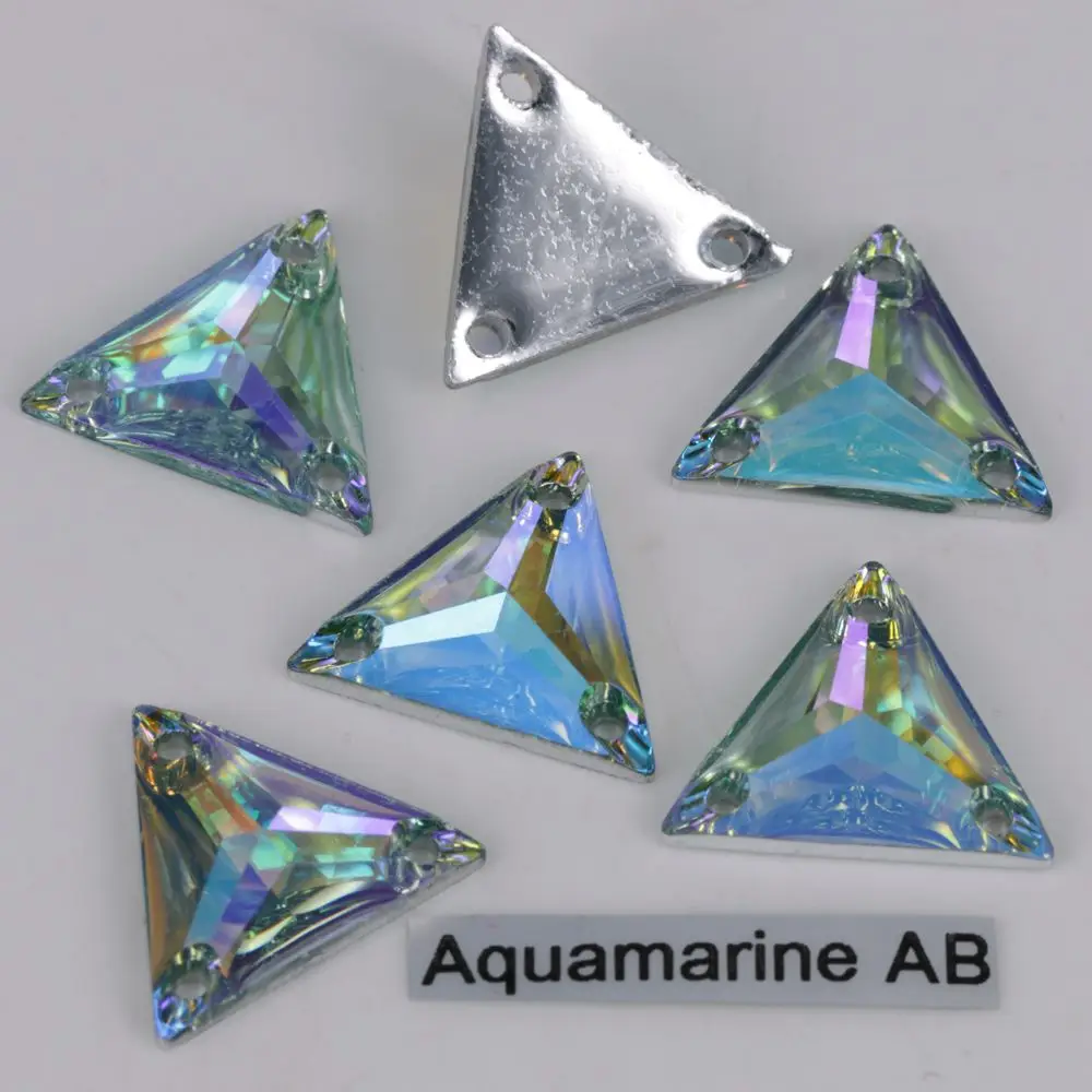 Aquamarine AB Хорошее качество 12 мм, 16 мм, 22 мм цвета AB трехугольные полимерные Стразы для шитья с плоской задней частью пришивные камни - Цвет: Aquamarine AB