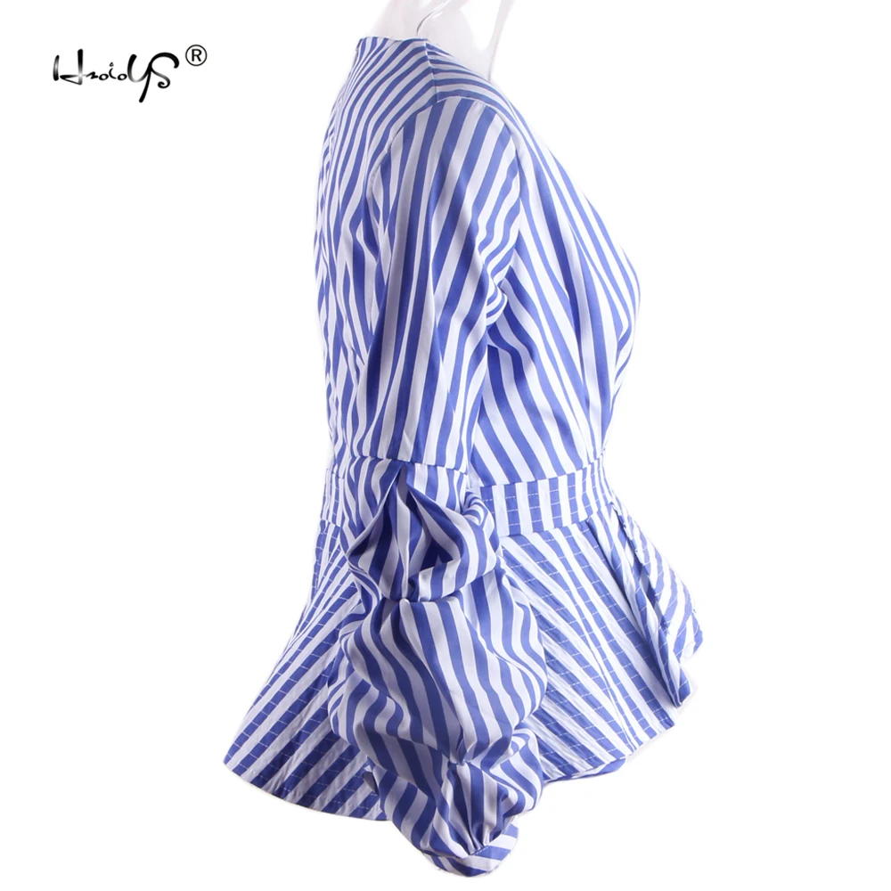Женская Сексуальная Блузка с глубоким v образным вырезом сине белая полосатая