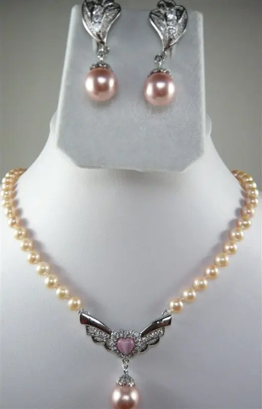 Women's Wedding 2 colors!fancy white/pink pearl necklace &ampshell/gem pendant earring set Ms. jewelry brinconoble lady's |