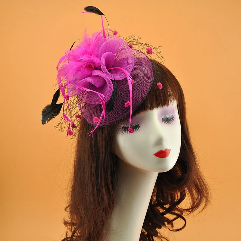 Fuchsia JaneVini, розовая вуаль с перьями, шляпка невесты, головной убор, Женский ободок-Вуалетка, Свадебная вечеринка, свадебная сетчатая шляпа с булавкой для волос, черный цвет - Цвет: Fuchsia