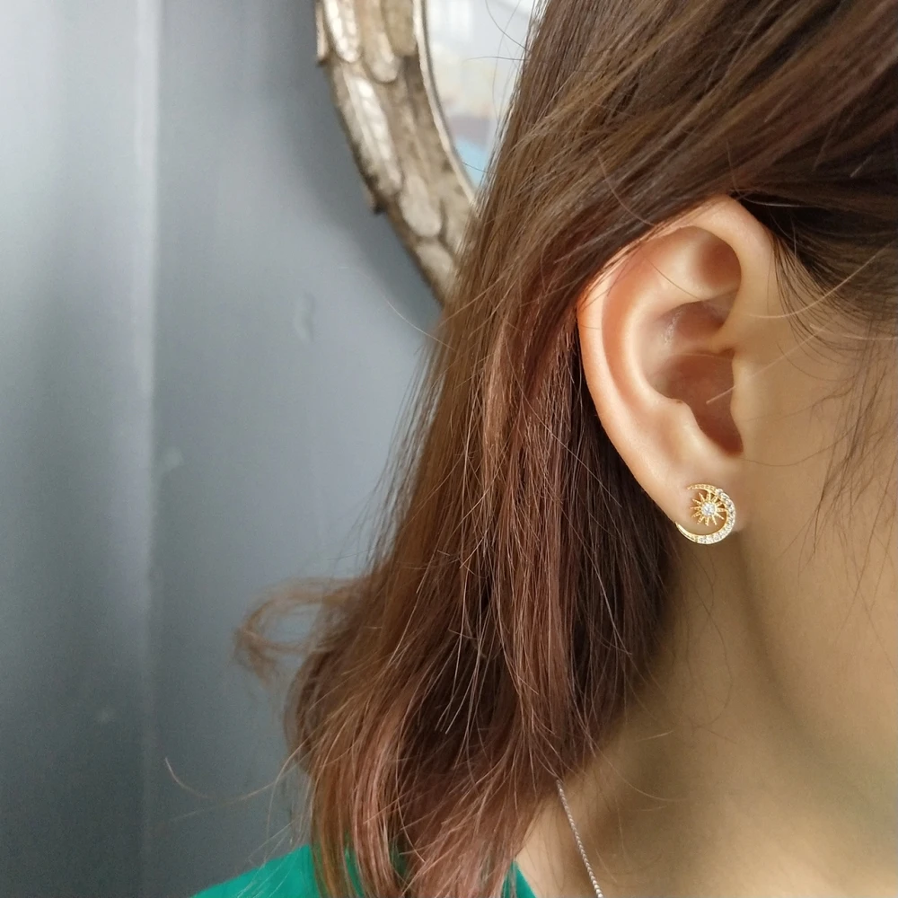 925 Sterling Silver Women Asymmetric Earring Tiny Starburst Crescent Moon Star Stud Earrings Zircon Hypoallergenic Kids jewelry | Украшения