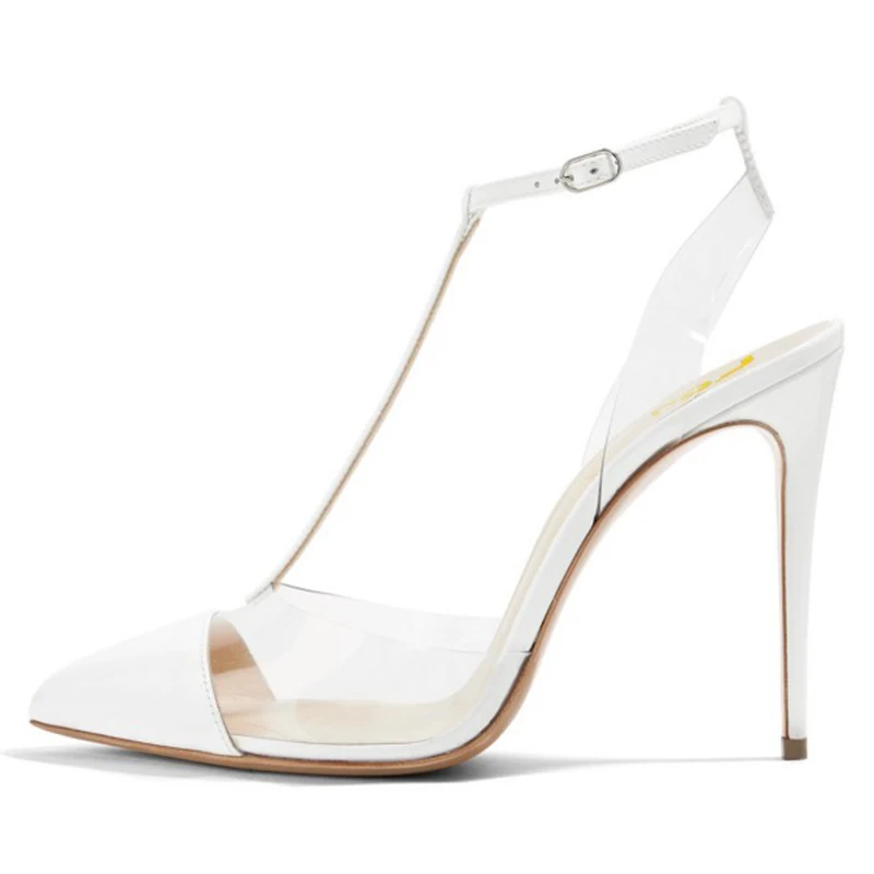 

Black White T Strap Patent Clear Transparent Sandal Vegan PVC Summer PumpsStilettos Pointy Toe Adjustable Buckle Plus Size 15 16
