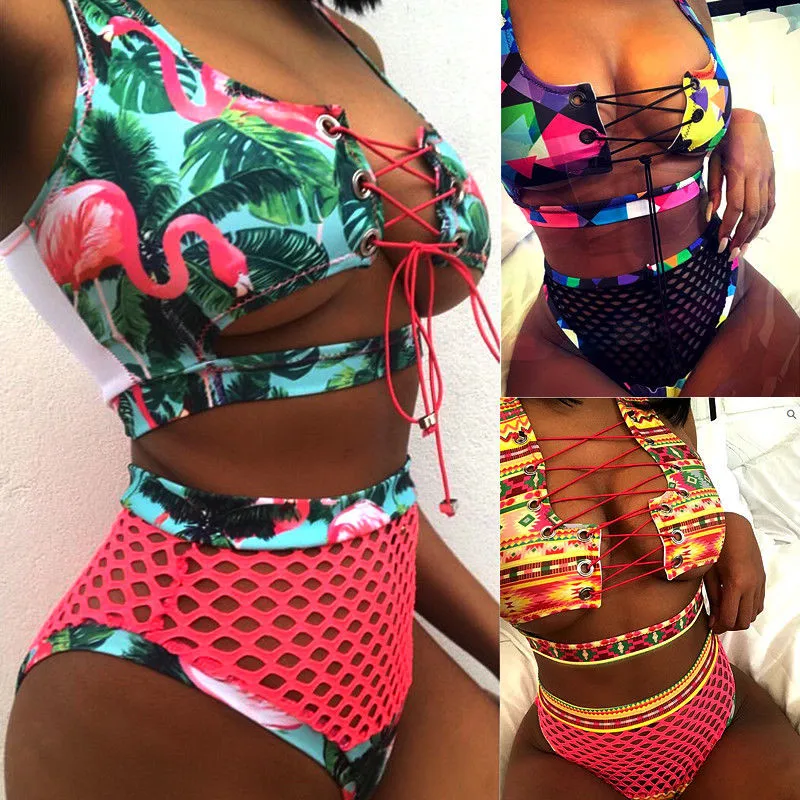 

Women bikini set High waist padded bathing suits sexy print lace up bandage padded swimsuit swimwear Hollow out Hot sell Biquini