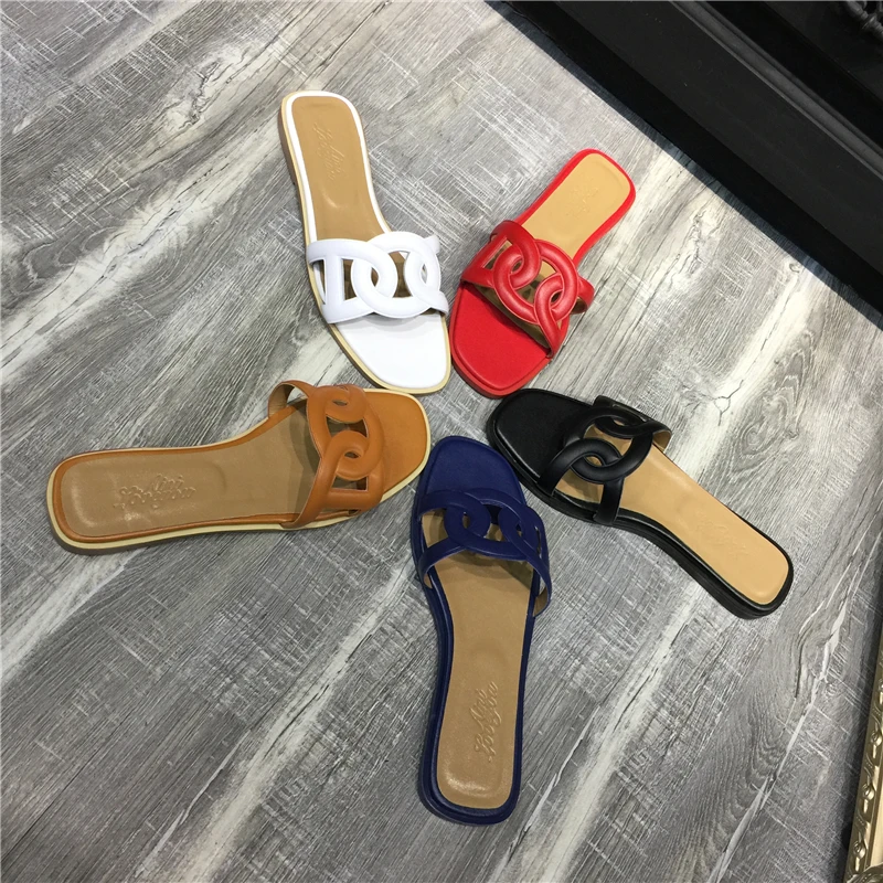 Сланцы женские из натуральной кожи пляжные шлепанцы обувь на плоской подошве с