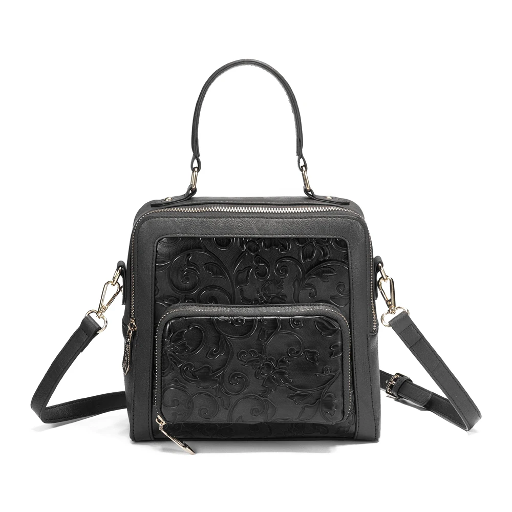 Женская Роскошная Сумка Bolsa Feminina, брендовая винтажная кожаная сумка, Женская тисненая сумка-мессенджер с цветами, маленькая ручная сумка - Цвет: Черный