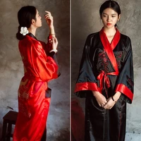 novelty reversible black red women kimono yukata satin embroidery dragon nightgown one size robe gown two side sleepwear