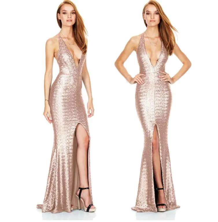 Новое Женское Модное Длинное платье с глубоким v-образным вырезом и блестками