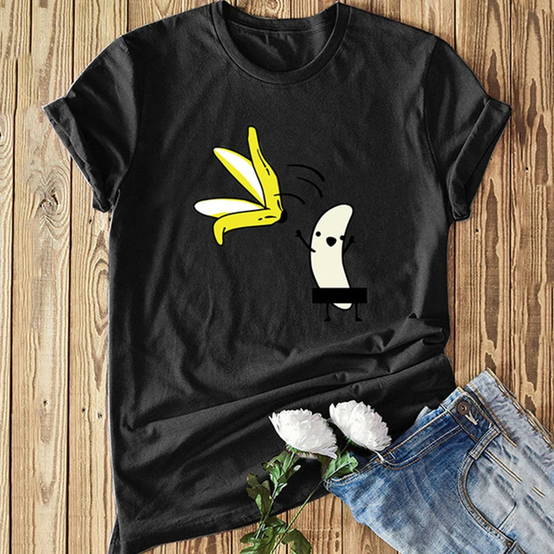 Casual Cotton Funny T-shirt Women's Nude Color Banana Cartoon Printing Short-sleeved O-neck Cute Women Summer 2019 | Женская одежда