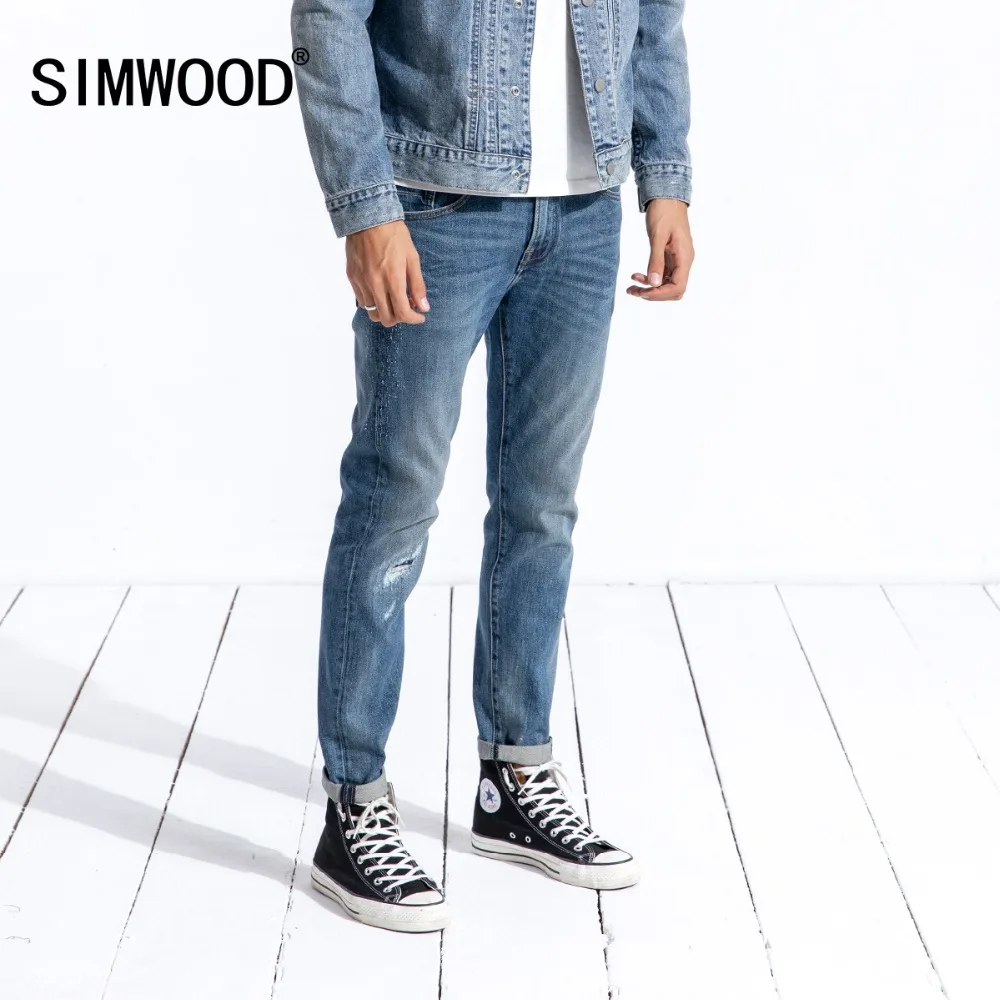 SIMWOOD 2019 Брендовые мужские джинсы модные Ripped Dark Wash Slim Fit джинсовые брюки плюс