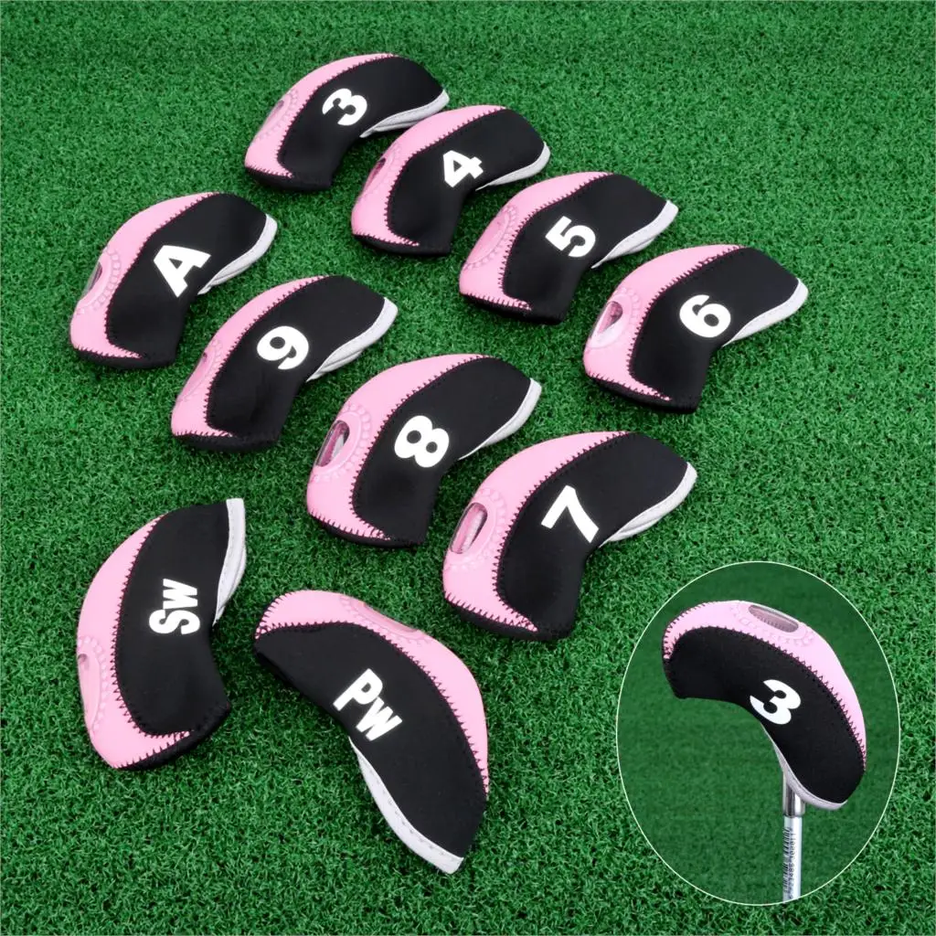 Pink 10 шт./компл. неопреновый чехол для головки клюшки для гольфа чехлы с прозрачным пластиковым смотровым окном для утюгов Защитные чехлы для головки 6 цветов - Цвет: Pink