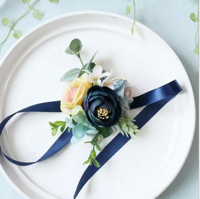 Wrist Flower 10 шт. темно-синий цветок корсажа Жених невесты бутоньерка для подружек невесты Брошь ручной цветок на запястье свадебные фотографии реквизит - Цвет: Wrist Flower
