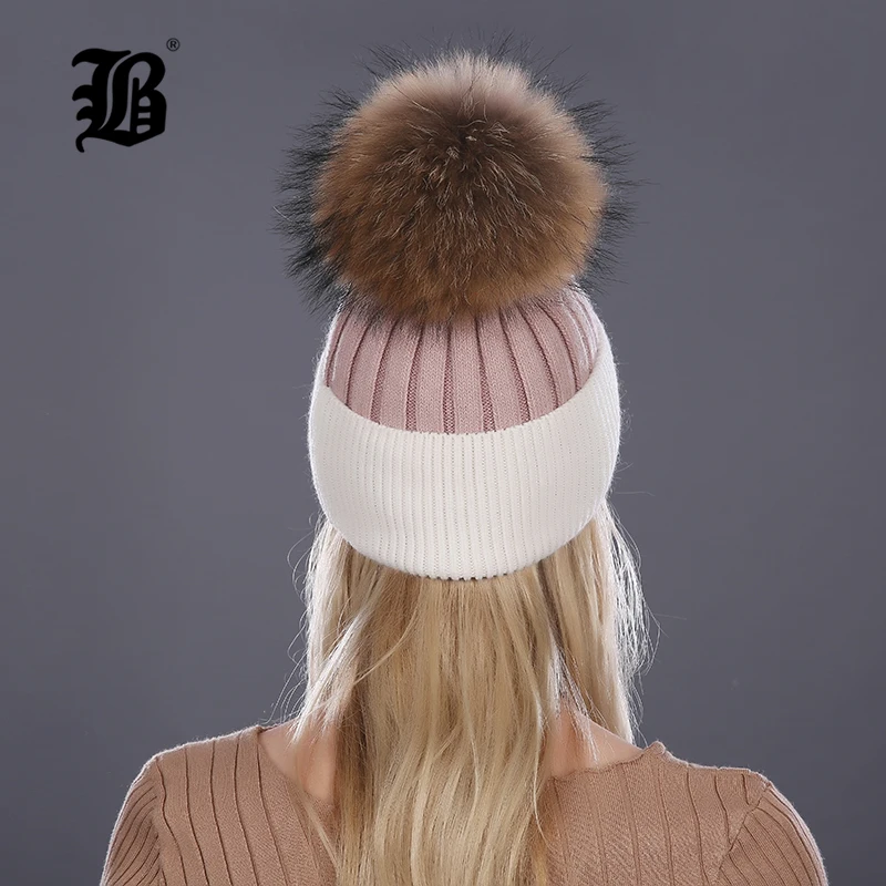 [Flb] зимняя шапка для женщин вязаный шерстяной Lady шапочки Cap Natural енота Fox меховой помпон Hat Лоскутная Женская Повседневная Skullies