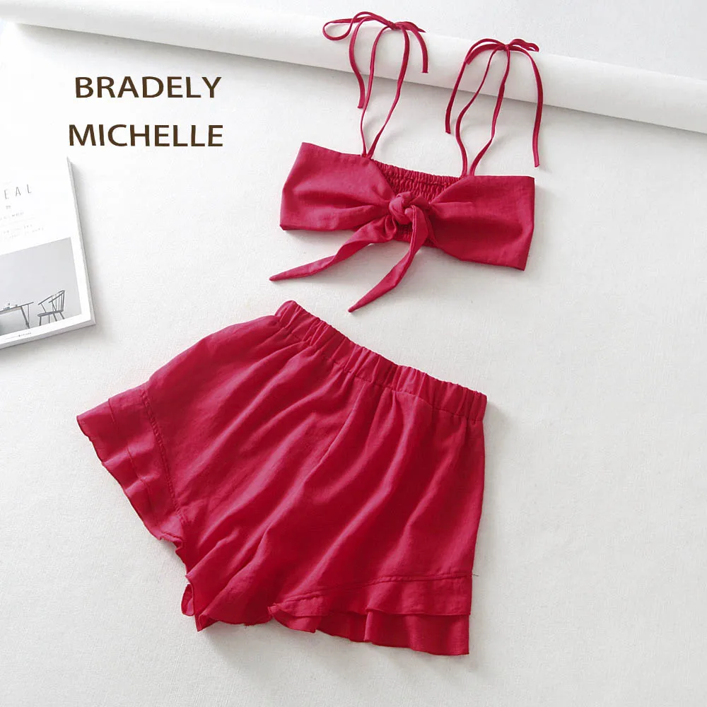 BRADELY MICHELLE, Модный женский комплект из двух предметов, топ и штаны, летняя одежда, укороченный Топ без бретелек и повседневные шорты с оборками