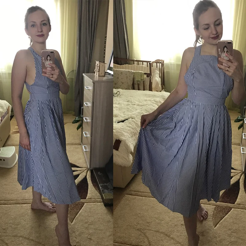 Женское сексуальное летнее платье средней длины в полоску новинка 2018 синее с