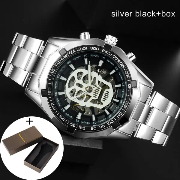 silver black box T-WINNER Мужские механические часы Winner Топ люксовый бренд из нержавеющей стали скелетные часы самоветер механические мужские часы - Цвет: silver black box