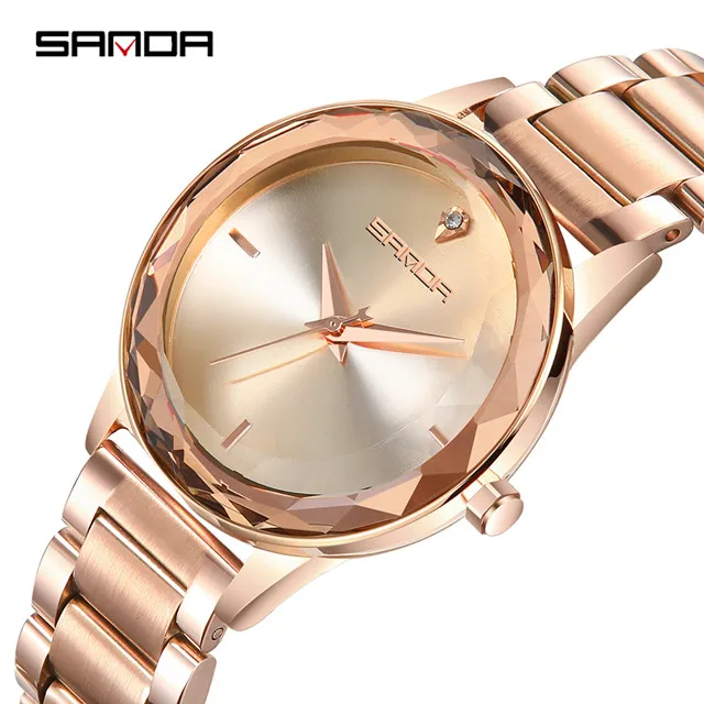 Gold Sanda фиолетовые женские часы модные из нержавеющей стали с ремешком кварцевые женские наручные часы стразы женские часы разноцветные - Цвет: Gold