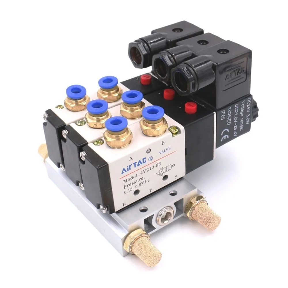

Pneumatic 4V210-08 110VAC 5 Way Triple Solenoid Valve w Base Push In Connectors Silencer