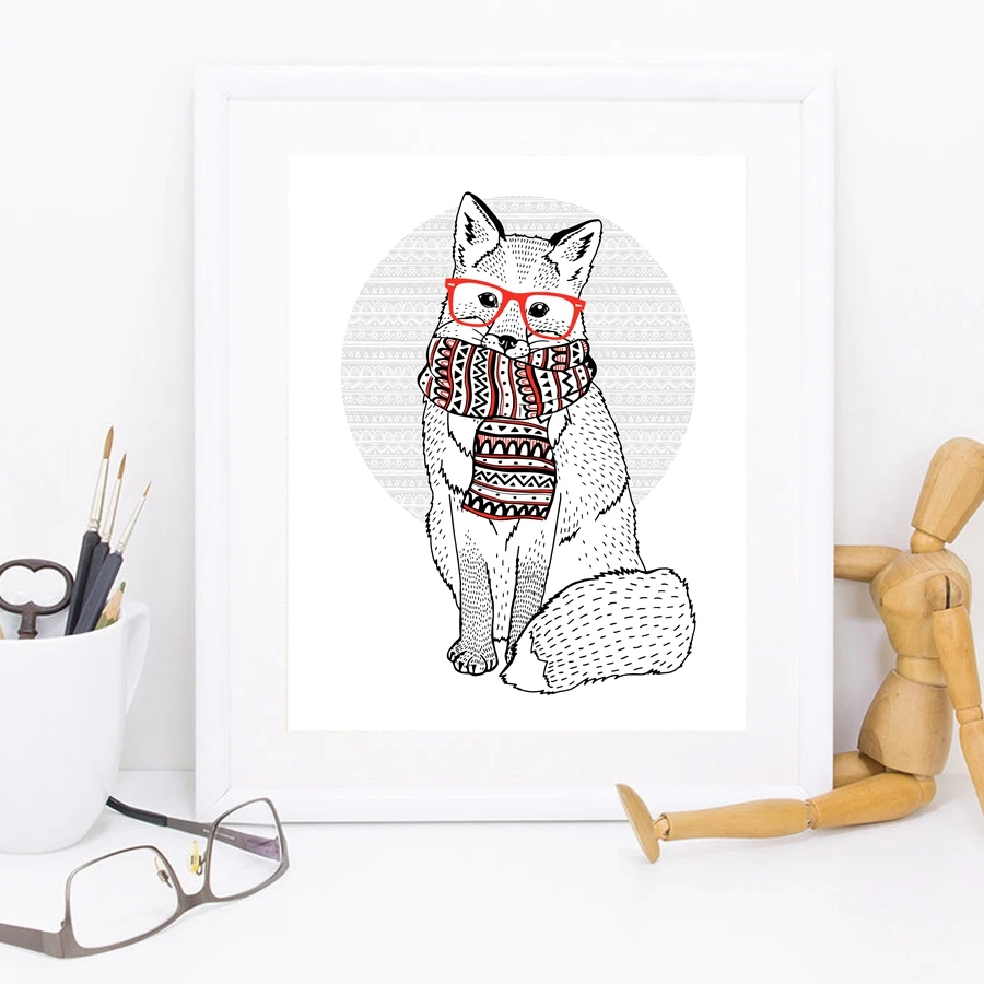 Плакат в хипстерских очках и шарфе с изображением зимней лисы картина рисунком