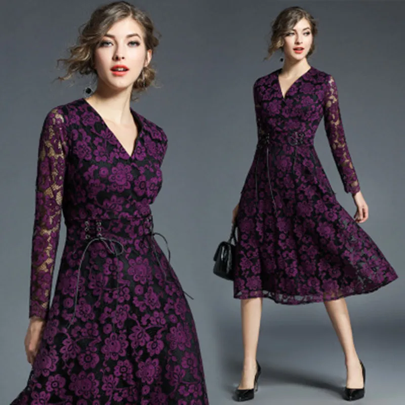 2018 Новое Кружевное Платье женское весеннее фиолетовое платье с длинными