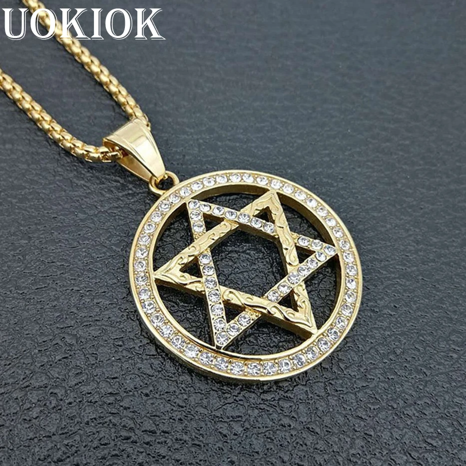 

Hip Hop Iced Out Star of David Pendant Necklace Men Gold Color Stainless Steel Hexagram Necklaces Jewish Jewelry Birthday Gift