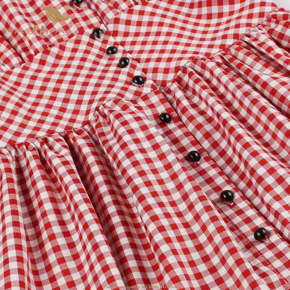 SISHION женская одежда размера плюс платье VD1148 4XL красные Ретро клетчатые платья с коротким рукавом винтажные женские осенние платья