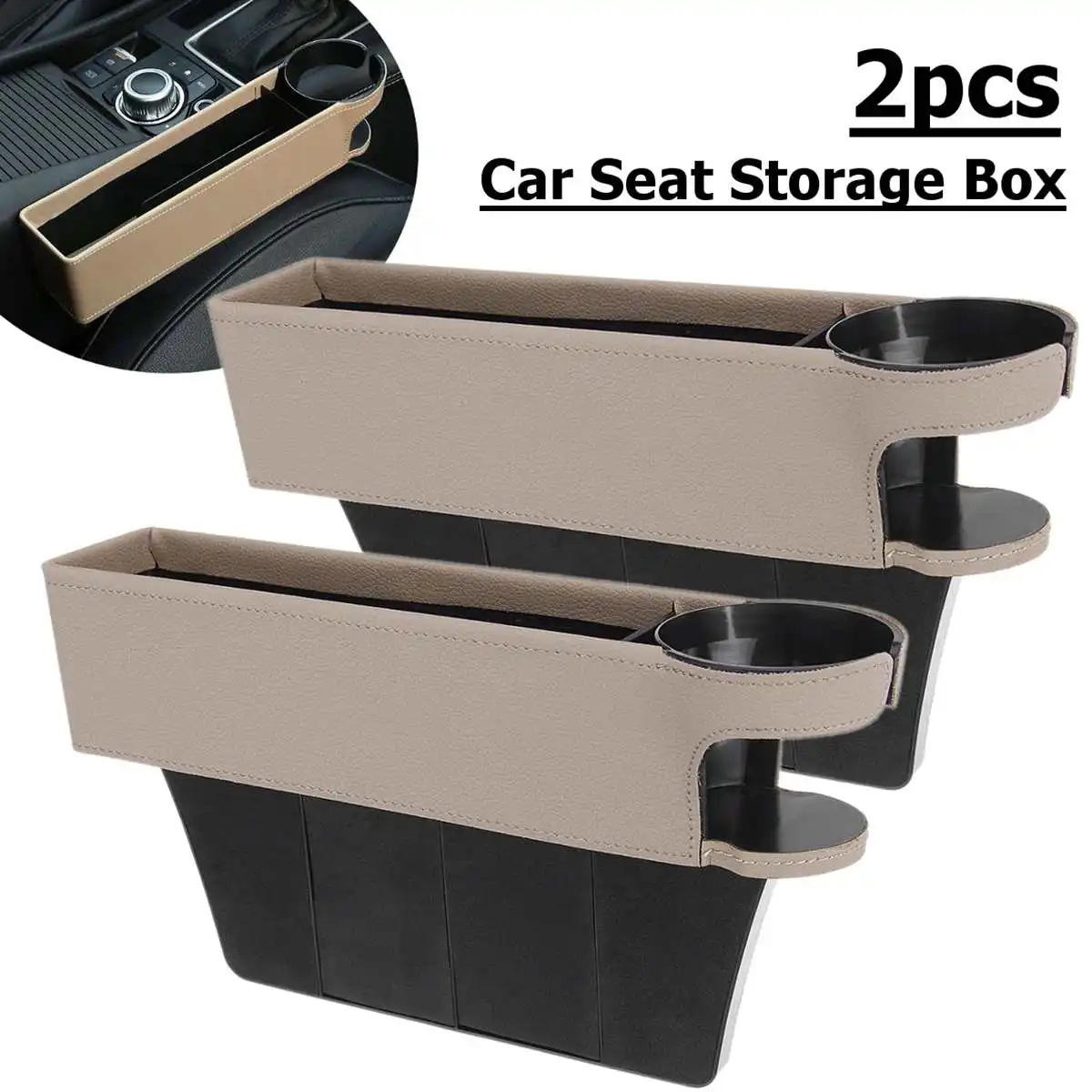 2Pcs Beige Универсальное многофункциональное автомобильное сиденье для хранения зазоров, коробка для карманного органайзера, телефонная карта с подстаканником, PU чехол для кармана - Название цвета: 2Pcs Beige