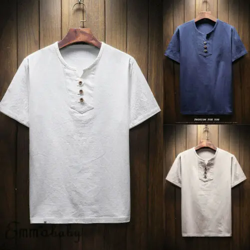 Мужская льняная футболка с коротким рукавом однотонная дышащая Футболка