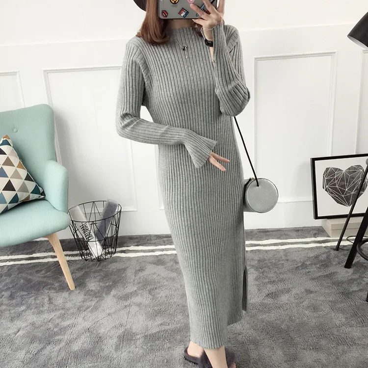 

2018 new European knitted dress in the long sleeved dress female Siamese slim knee spring winter dress thickened base