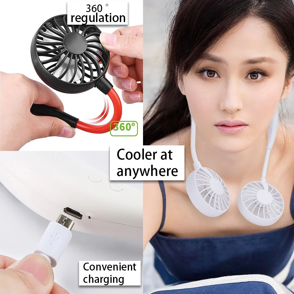 

USB Portable Fan Hands-free Neck Hanging Sports Fan 3 Gears Rechargeable Dual Fan Mini Air Cooler Summer Portable