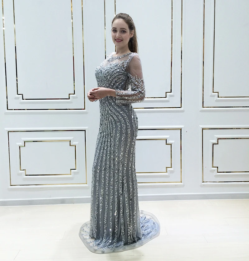 Халат De Soiree блесток роскошное Русалка вечернее платье одежда с длинным рукавом с украшением в виде кристаллов Для женщин Арабский Формальные вечерние платье Настоящее фото