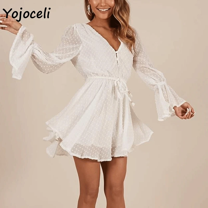 Женский комбинезон Yojoceli шифоновый жаккардовый в горошек с рукавами-фонариками и
