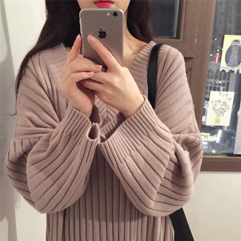 Winter new long sleeved women thicken solid color v collar open fork leisure loose knitted sweater for girls | Женская одежда