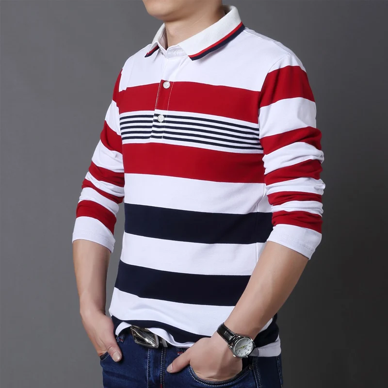 Plus Size M-5XL Men's Stripe Long Sleeve T-Shirt Stand Collar Male Slim Fit New Cotton Tops Tees Causal T-shirt Clothes | Мужская