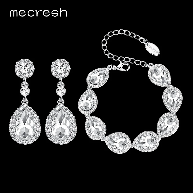 Mecresh Кристалл Наборы свадебных ювелирных изделий Серебро Цвет Teardrop свадебный браслет Серьги Наборы для ухода за кожей модные вечерние украшения sl051+ eh070