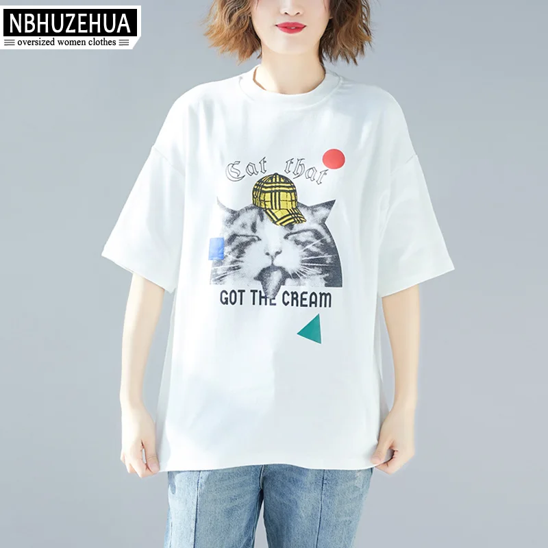 NBHUZEHUA Plus Size Summer T Shirts For Women Kawaii Cat Print Cute Tops O Neck Cotton Casual Shirt XL XXL XXXL 19-D192 | Женская одежда