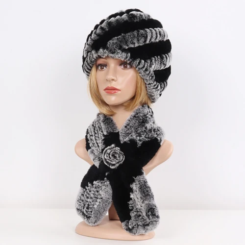 grey and black Новые Вязаные натуральный мех шапки наборы шарфов женские зимние теплые Настоящий мех кролика шапки шарф Горячая леди натуральный мех шапка шарф - Цвет: grey and black