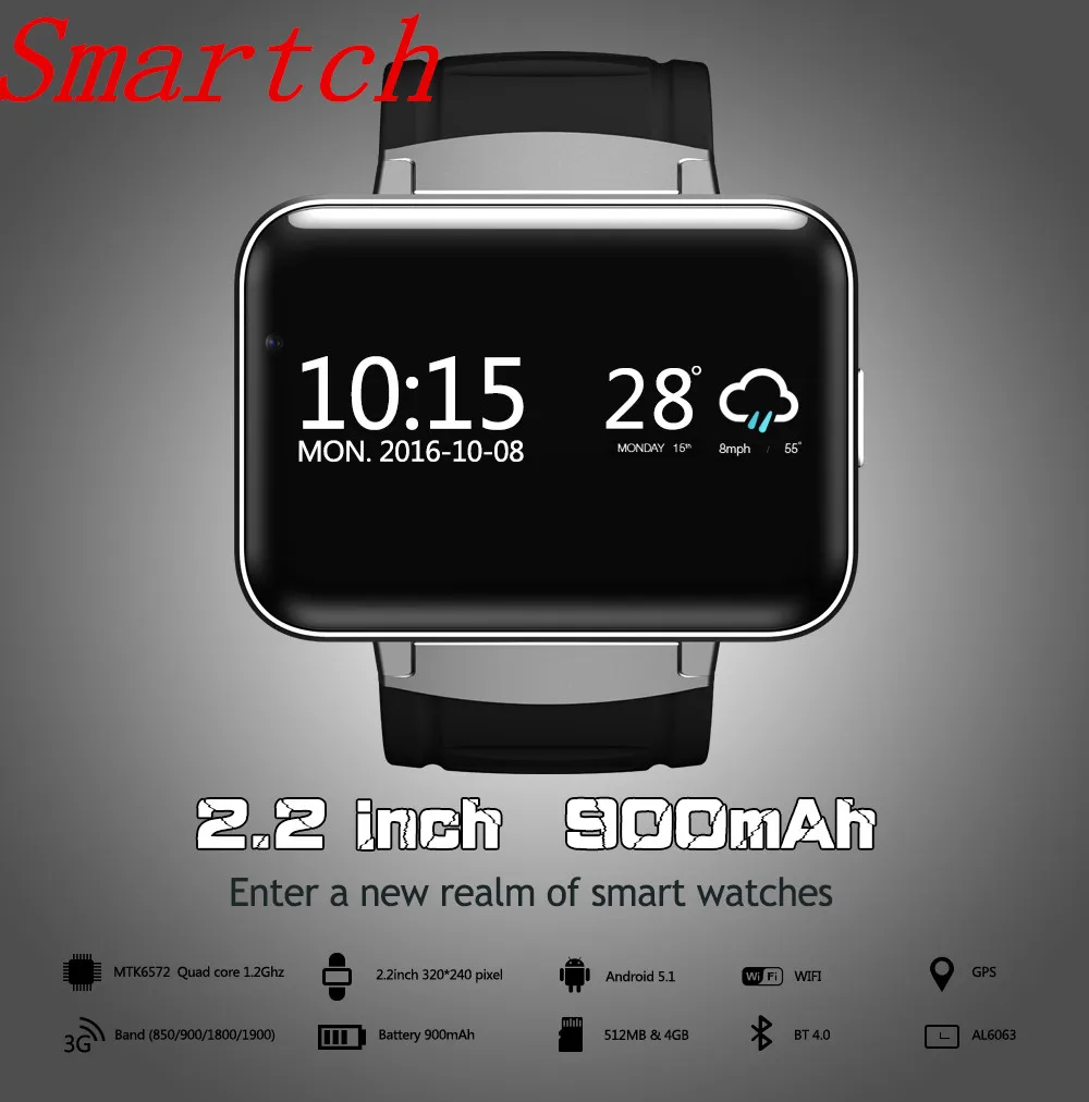 Smartch 2017 Wifi Bluetooth часы Anroid 4 Смарт-часы DM98 2 дюймов светодиодный дисплей SIM карта