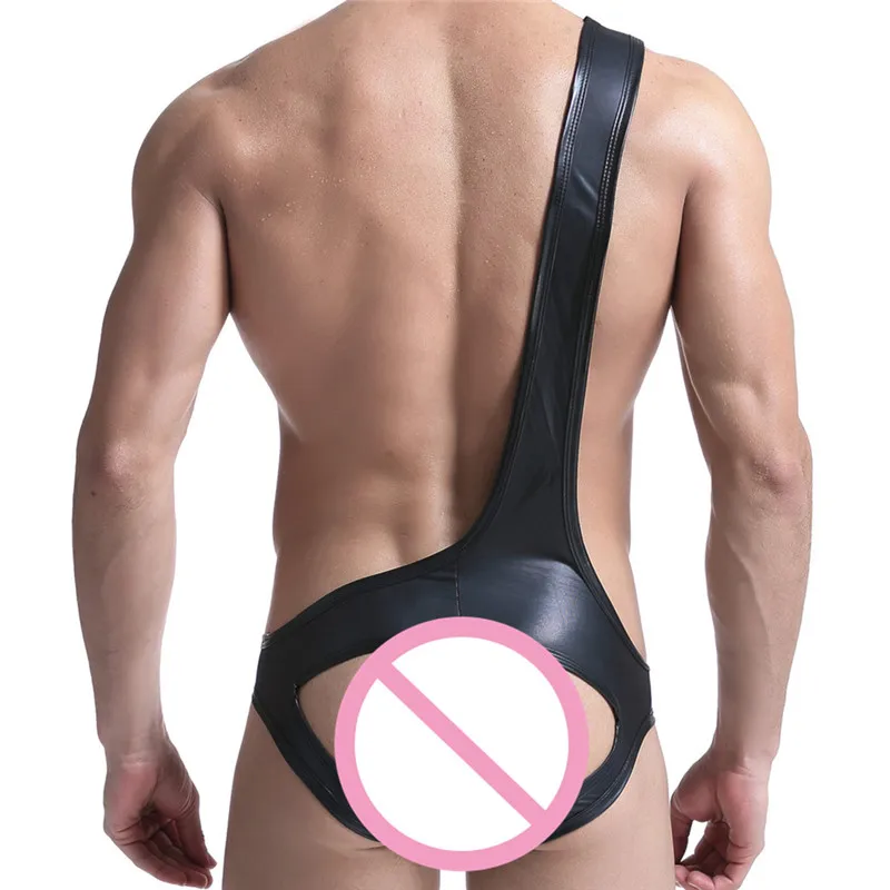 Sexy Fitness Men Shapers Faux Leather Gay Male Wetlook Splice Open Butt Boxer Shorts Leotard Jumpsuit Club Bodysuit Overalls