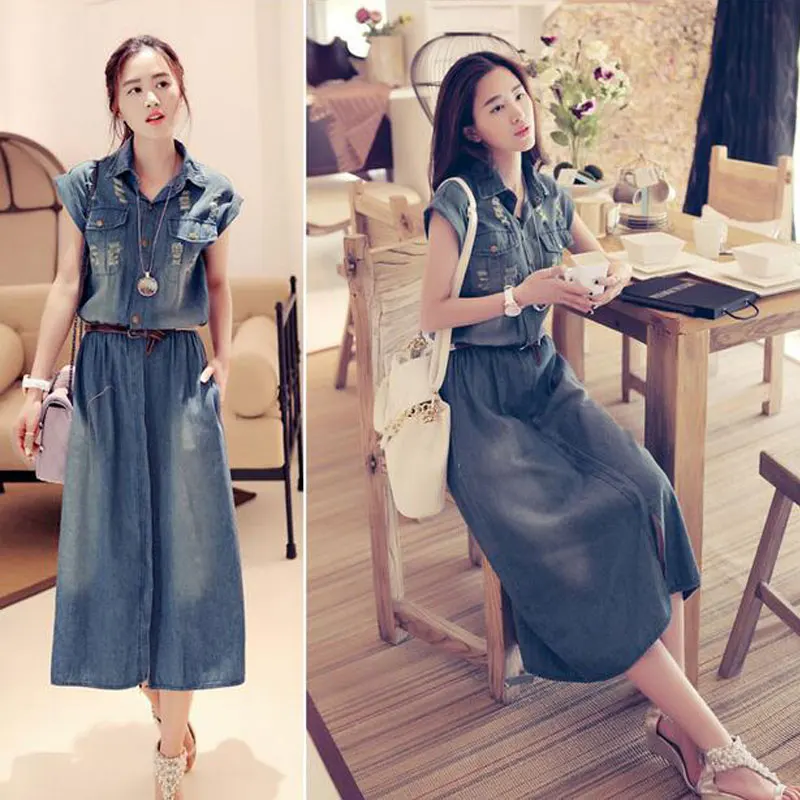 

Plus Size S-4XL Women Denim Dress 2021 Summer Style Casual Dress Turn-down Collar Short Sleeve Jeans Dresses Vestidos Femininos