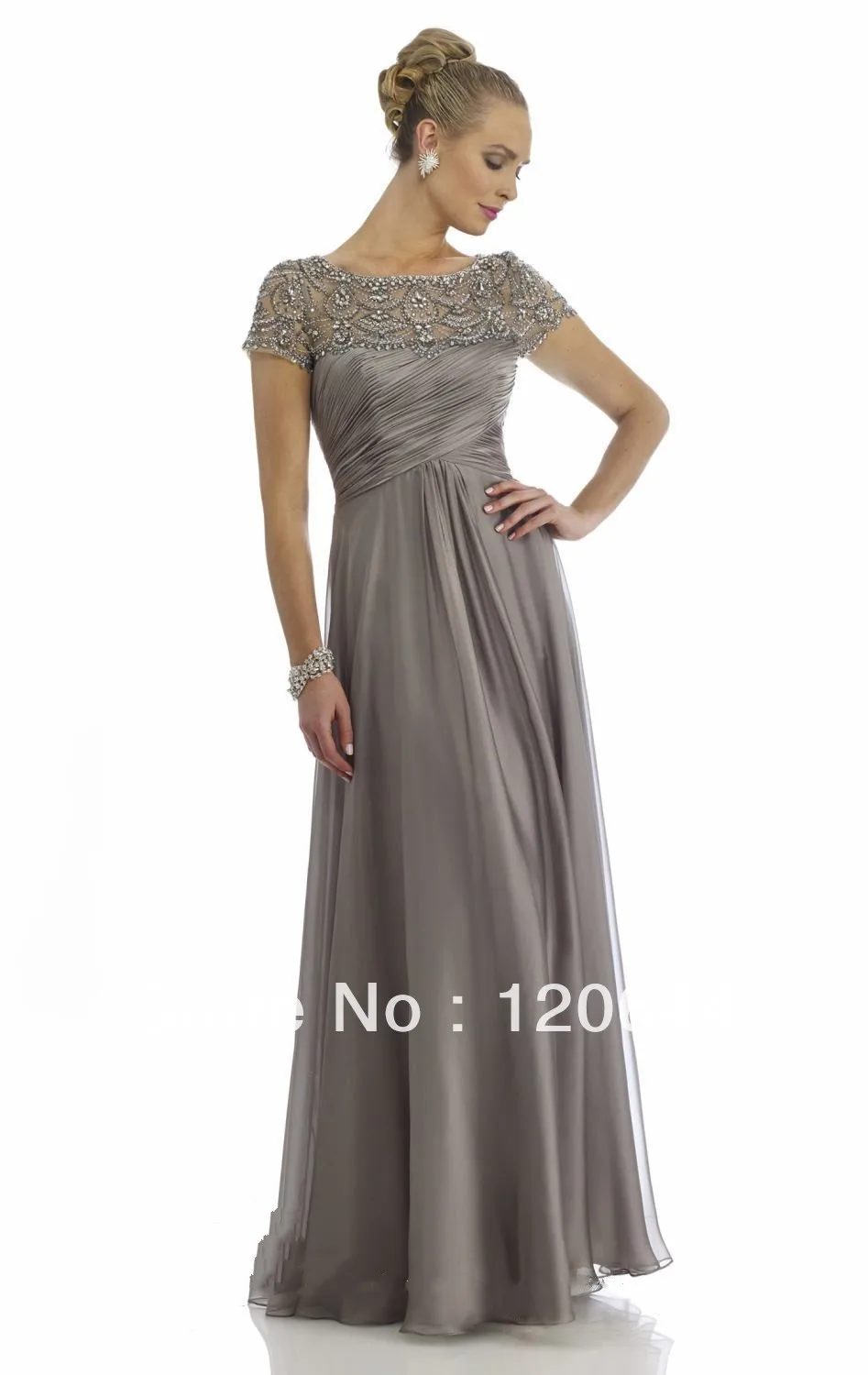 New Beautiful Beaded Sheer Chiffon Grey Ruching Short Sleeve Floor Length Mother Of the Bride Dress | Свадьбы и торжества