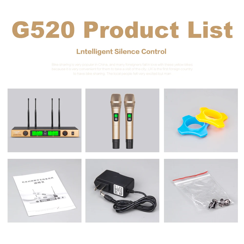 G-MARK G520 Беспроводная микрофонная система, двухканальный приемник, расстояние 150 м, 2 ручных микрофона, инфракрасный автоматический Частотный диапазон