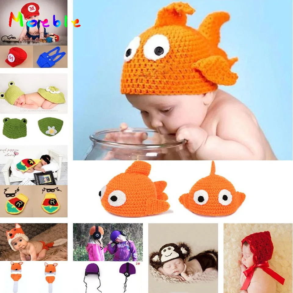 

Retail Gold Fish Baby Photo Props Crochet BABY HATS Animal Design Baby Winter Hats Crochet Photo Props 8 style can choose